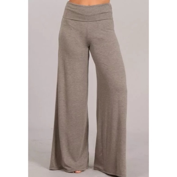 SOLD OUT Heather Taupe Wide Leg Palazzo Stretch Knit Casual Pull On Style Pants - Picture 2 of 6